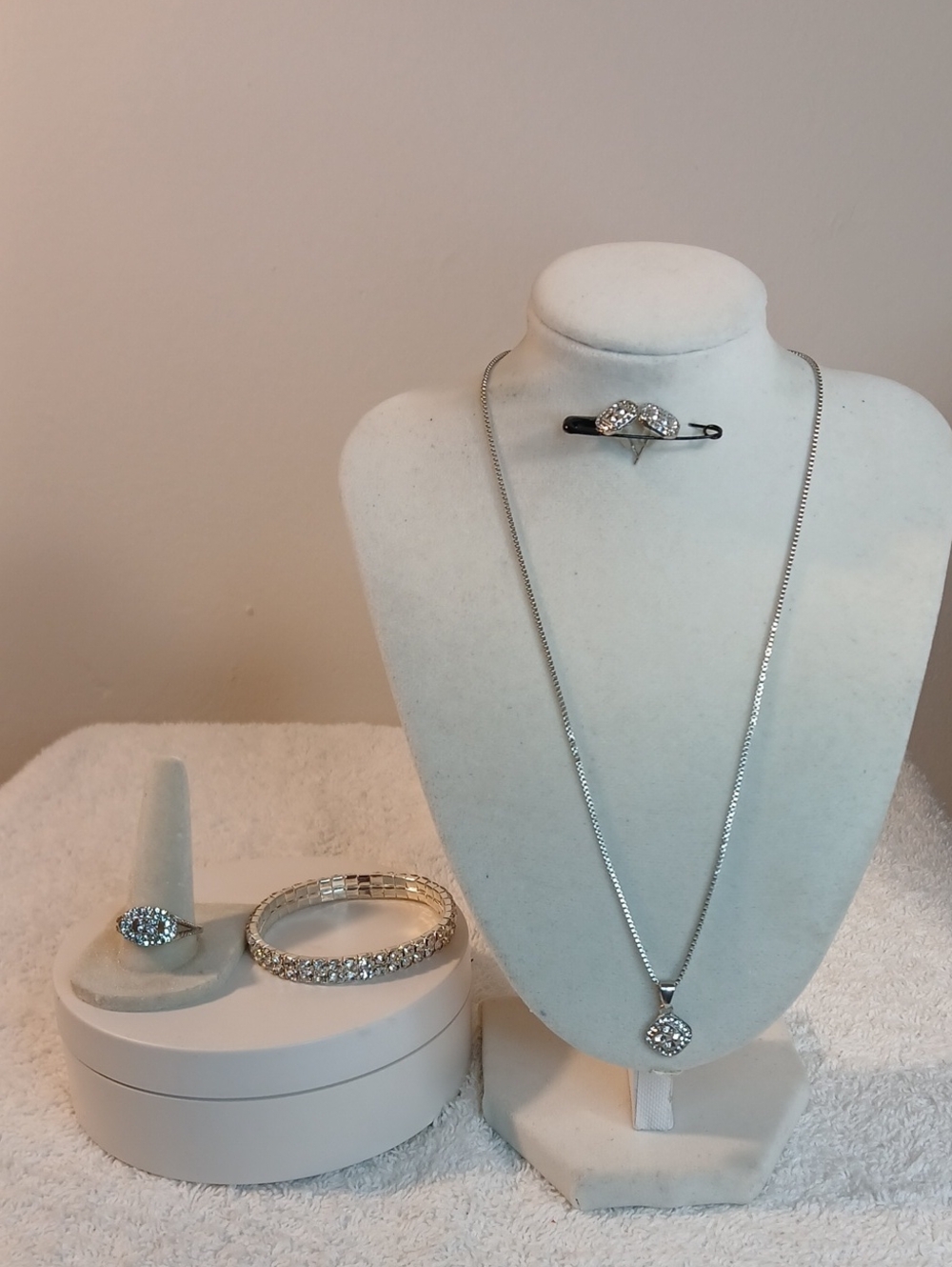 Silver Crystal Pendant Necklace and Ring Set - White